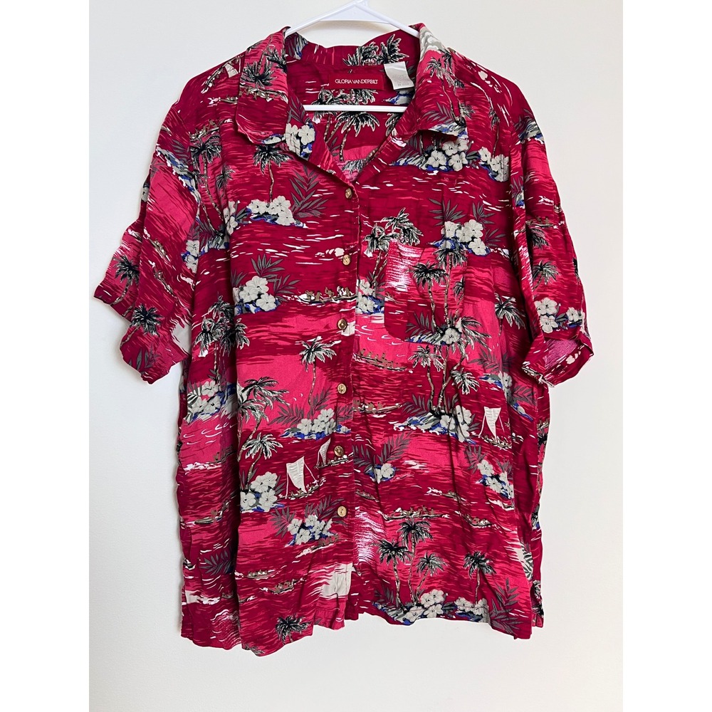 Gloria Vanderbilt Mens Tropical  Aloha Palm Tree Rayon Button Down Shirt Red